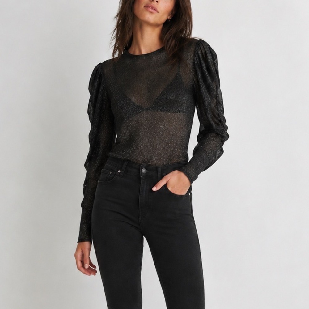 The Kooples Metallic Sheer Top Women's Small Black Party Holiday‎ Parisian Chic